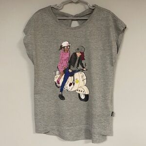 girl's DKNY  Graphic Tee shirt,  Medium, Gray cute girls on moto scooter.